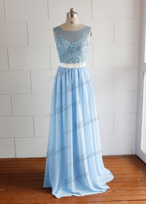 Mint Blue Lace Chiffon Long Prom Dress